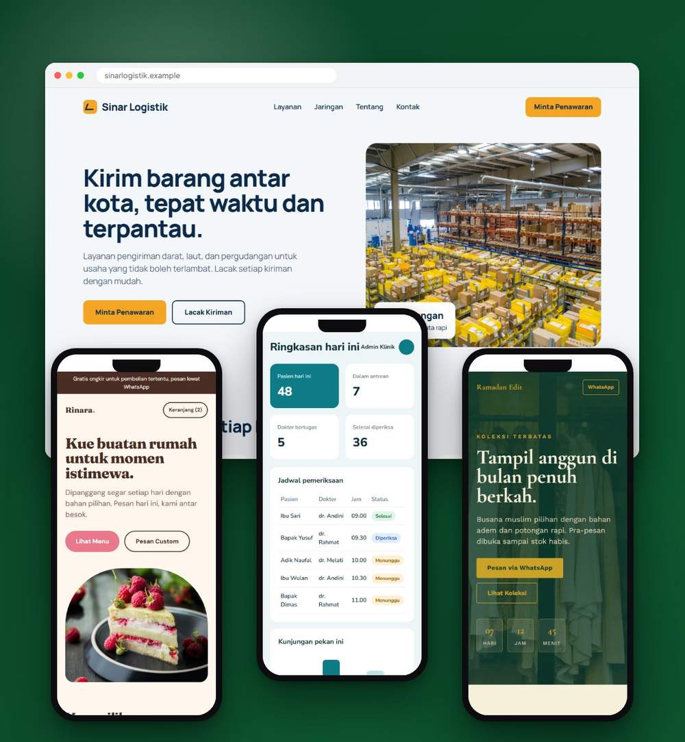 Contoh berbagai jenis website: company profile, dasbor, toko online, dan landing page, tampil di browser dan ponsel