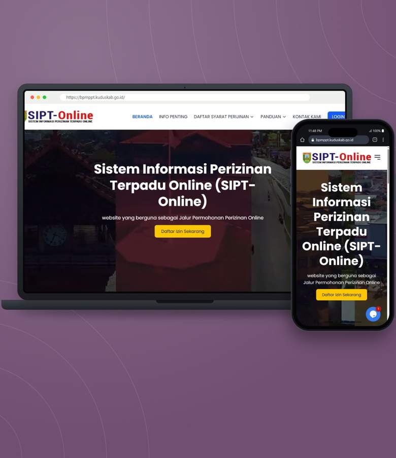 Tampilan website SIPT-Online - Sistem Informasi Perizinan Terpadu Online DPMPTSP Kabupaten Kudus
