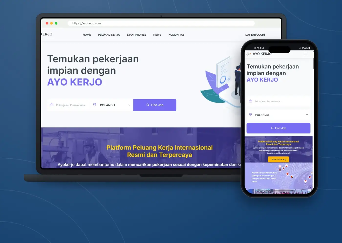 Tampilan website Ayokerjo - Platform Peluang Kerja Internasional