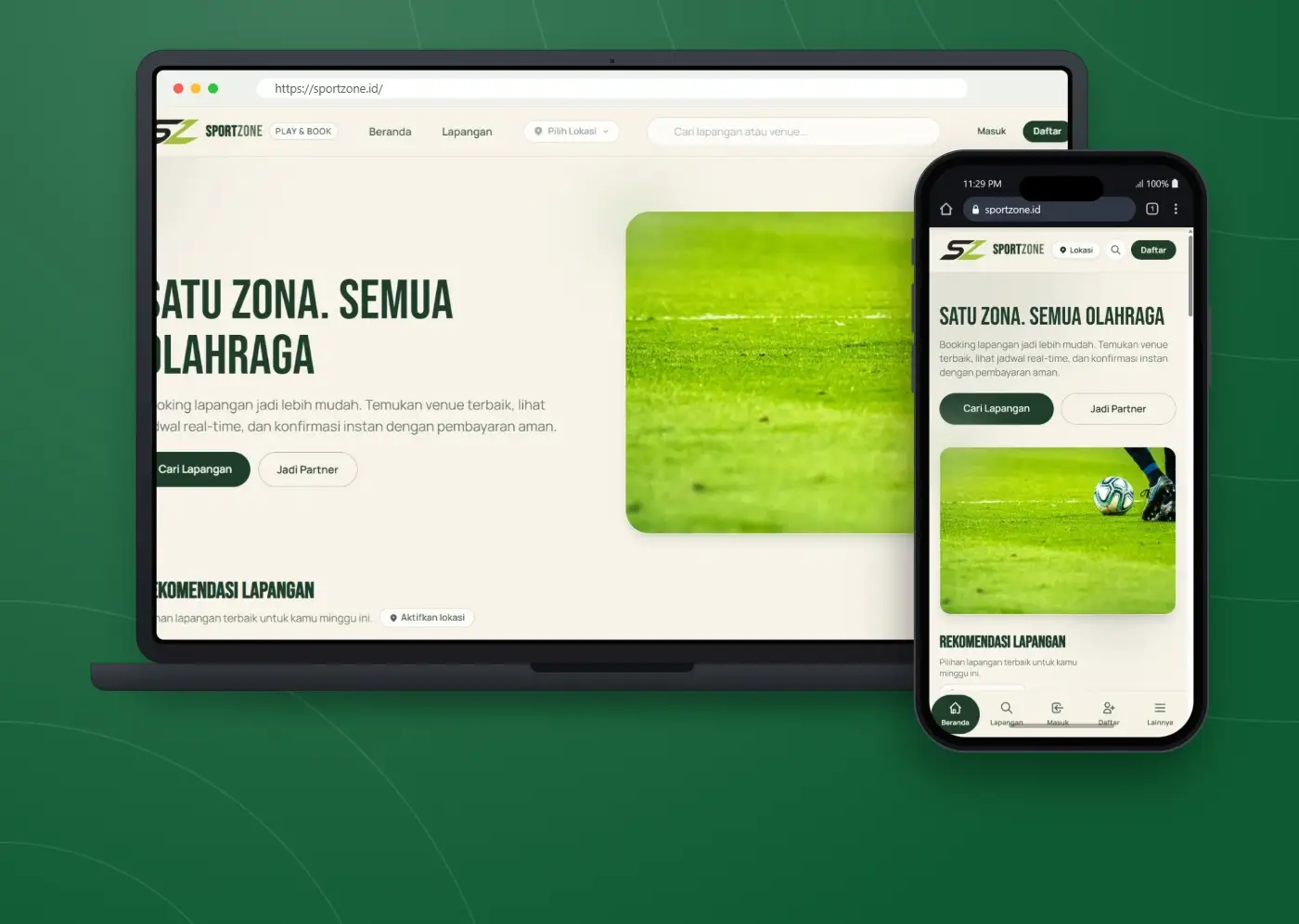 Tampilan website SportZone - Platform Booking Lapangan Olahraga Online