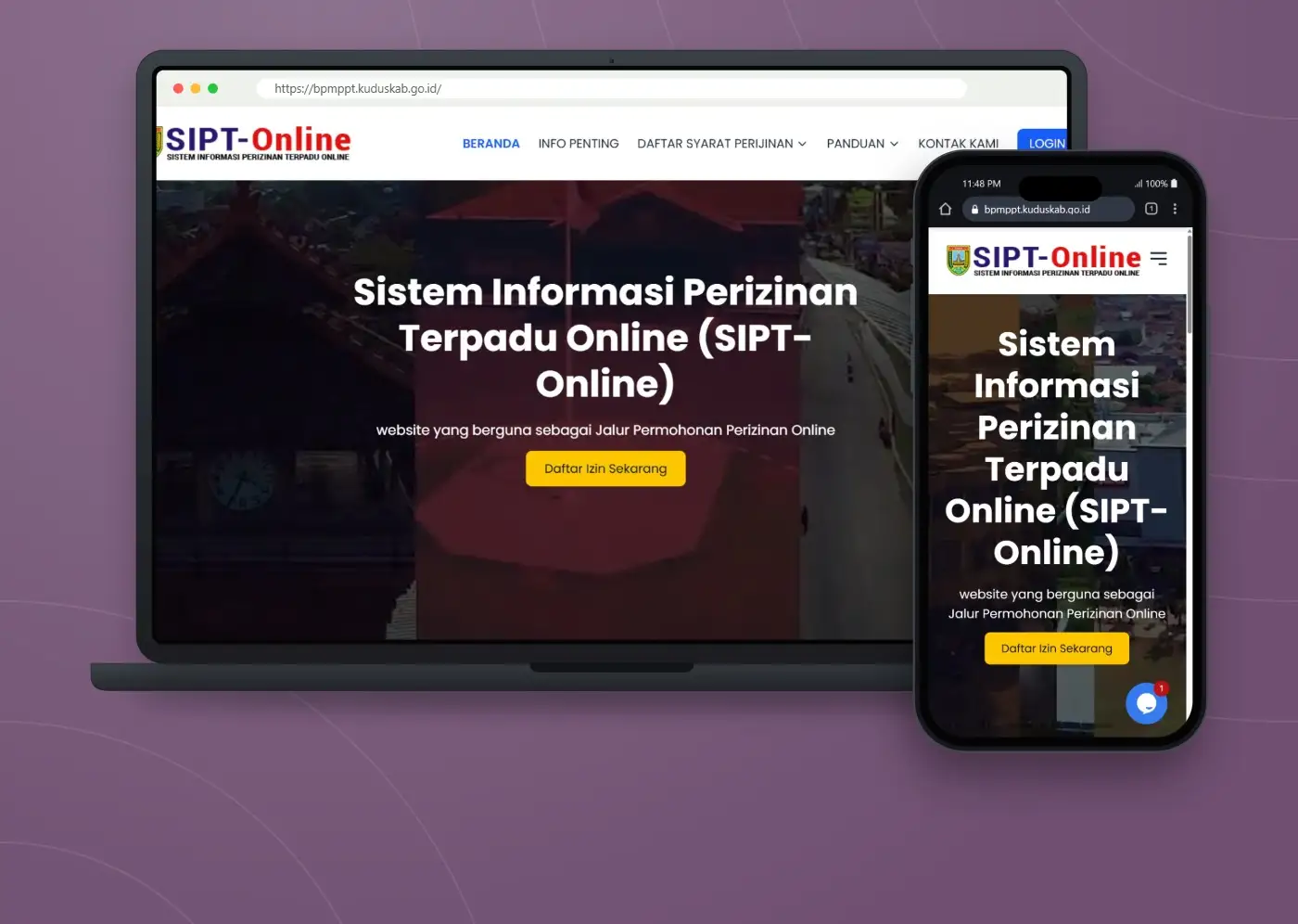 Tampilan website SIPT-Online - Sistem Informasi Perizinan Terpadu Online DPMPTSP Kabupaten Kudus
