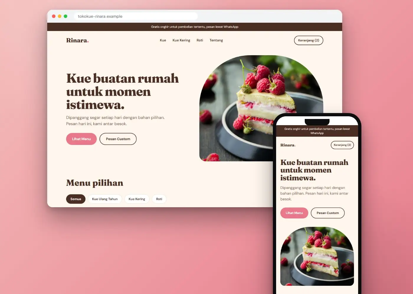 Tampilan website Toko Kue Rinara